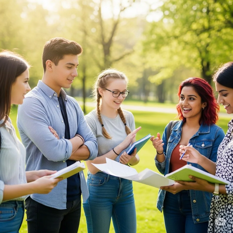Group of international students discussing notes outdoors, preparing for medicine foundation courses abroad.